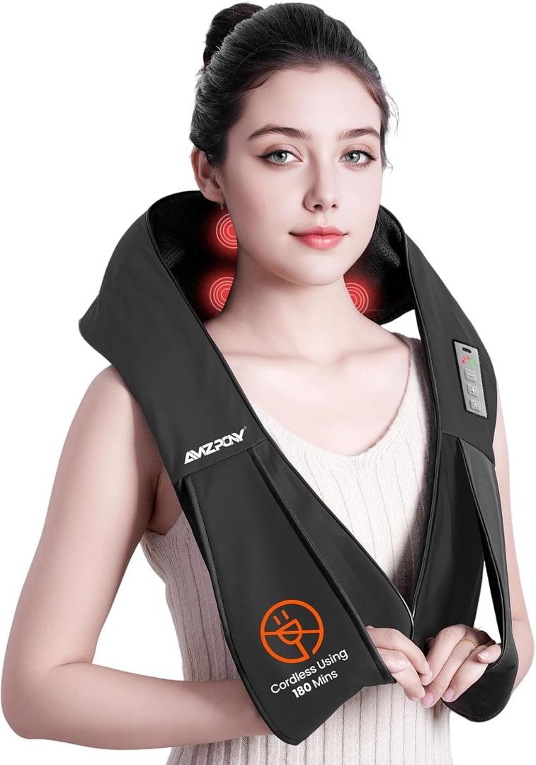 AMZPONY Cordless Neck Massager for Pain Relief Deep Tissue, Rechargeable Shiatsu Neck and Back Massager with Heat Kneading Shoulder Massage for Body Muscle Pain Relief,Gifts for Dad Mom Friends