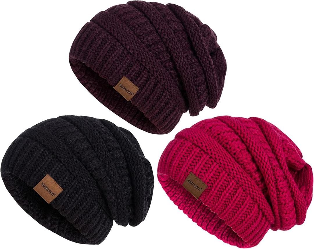 Womens Beanies for Winter 3 Pack, Slouchy Beanies for Women Oversized Knit Warm, Winter Hats for Women Thick for Cold Weather (Black+dark Purple+candy Pink)