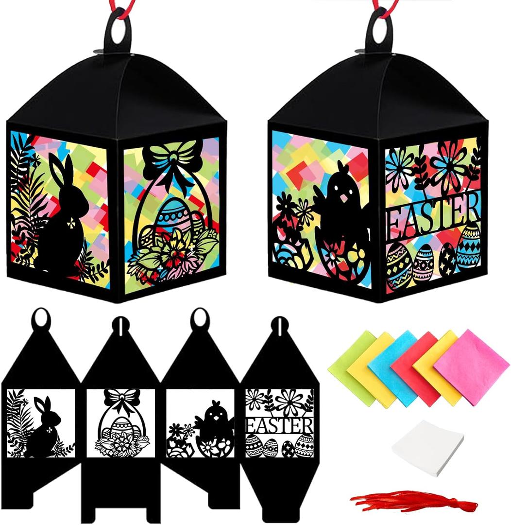 Jengaer 16 Sets Easter Craft Kits with Egg Bunny Design Tissue Paper Lantern, Make Your Own Suncatchers Hanging Ornament DIY Supplies for Easter Home Activity Sunday School Crafts