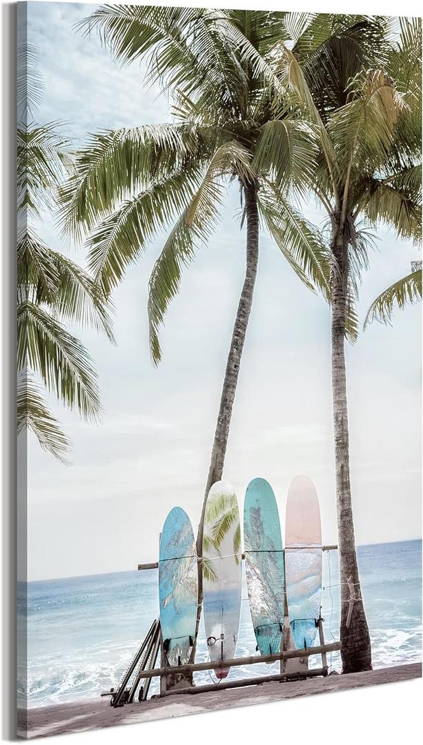 Surfboard Canvas Wall Art Bathroom: Beach Scene Ocean Picture Coastal Palm Tree Print Surf Seascape Painting Sea Seascape Seaside Artwork Decor for Living Room 16 x 24