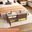 HOMEFORT 23.6" Fluted Shoe Storage Bench, Small Entryway Bench with Linen Seat Cushion, Shoe Cabinet Bench with Adjustable Shelf and Built-in LED Sensor Light, Bench for Bedroom End of Bed,Walnut, 23.6"Wx15.15"D x19.3"H