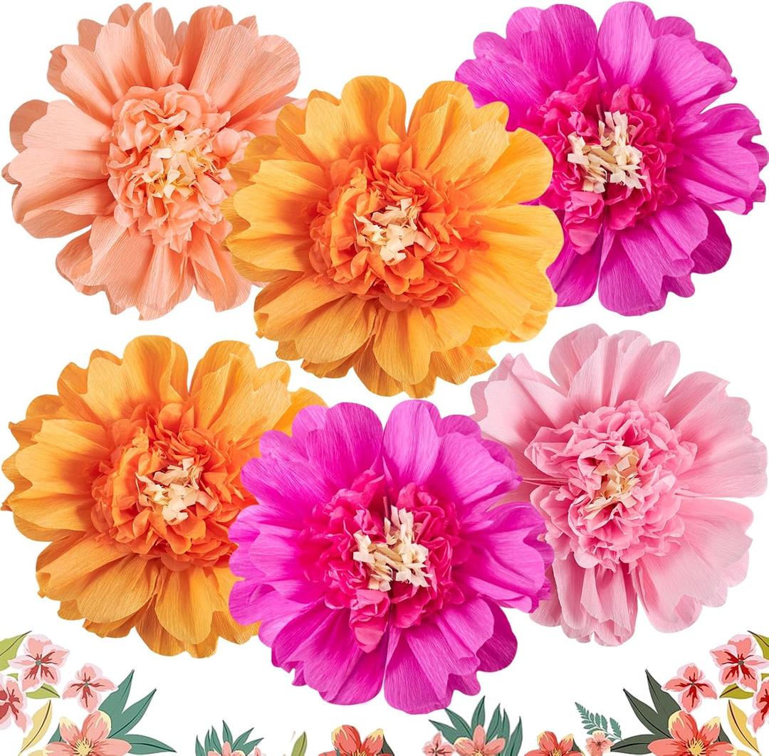 SUNBEAUTY 6 PCS Hot Pink and Orange Paper Flowers Decorations Crepe Paper Flowers 12 Tissue Paper Flowers Decorations for Wall Birthday Party Baby Bridal Shower Office Classroom Wedding Carnival