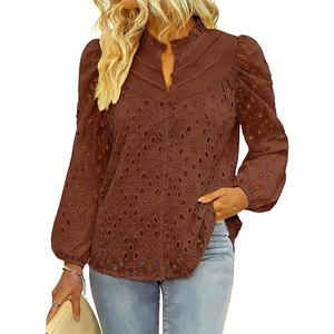 BETTE BOUTIK Women's Long Short Sleeve Tops 2025 Dressy Casual Button Hollow Out Lace Embroidered Blouses Shirts Size L