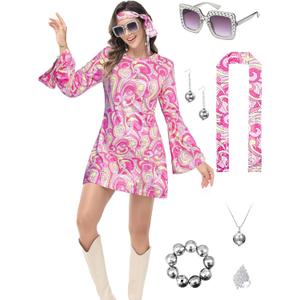 70s Outfits Costume for Women, 7pcs 60s Disco Dress Necklace Earrings Sunglass Bracelets Ring Party Supplies (XX-Large)