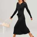 ANRABESS Womens Long Sleeve Fall Dress 2025 V Neck A-line Tie Waist Ribbed Knit Bodycon Midi Sweater Dresses Black Medium (Black, M)