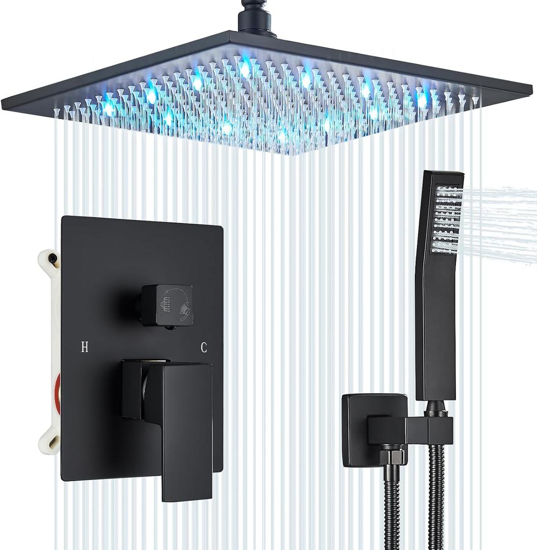 12 Inches Ceiling Mount Shower Faucets Sets Complete Shower System LED Rainfall Shower Head System Rough-in Valve Body and Trim Included Matte Black…