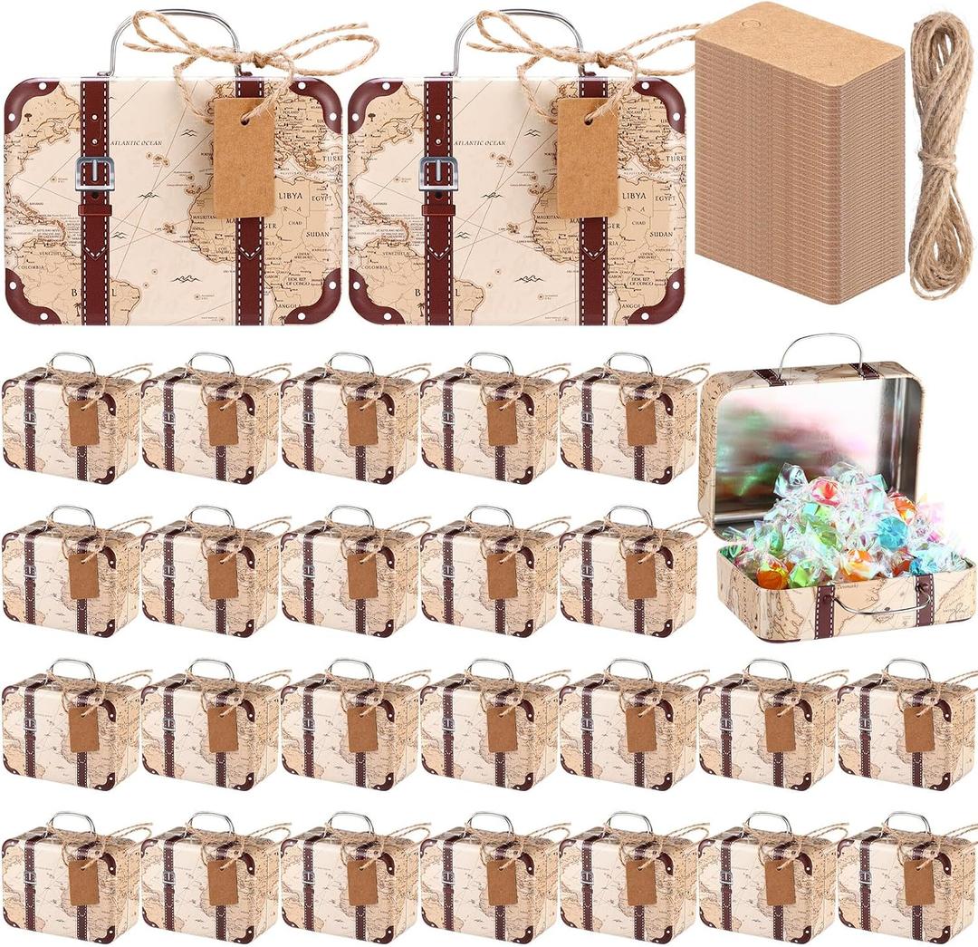 24 Pieces Mini Suitcase Party Favor Boxes Mini Luggage Gift Suitbox Small World Map Candy Tin Suitcase with Handle, Label and Twine for Travel Themed Party Bridal Shower Wedding Decoration