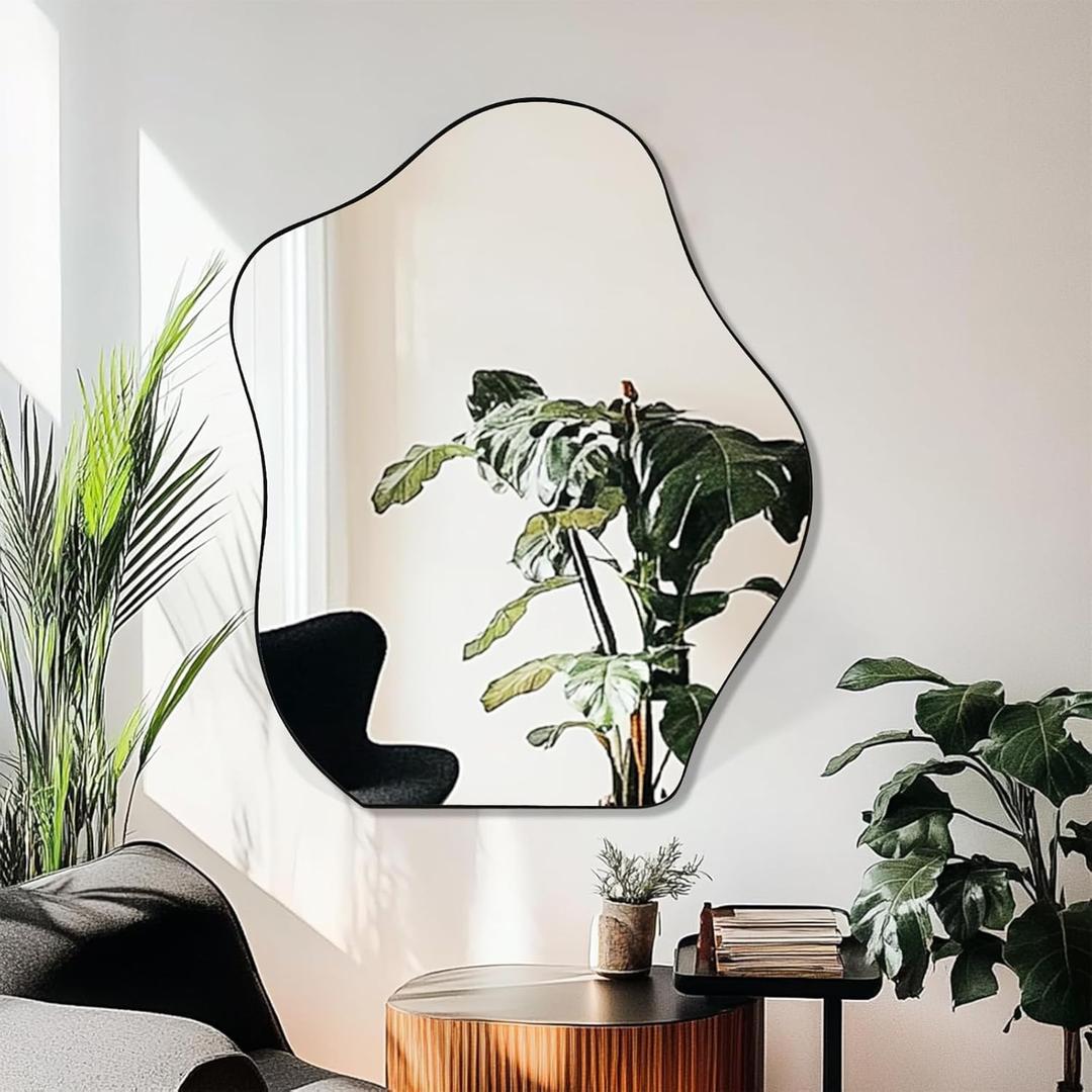Gluck Plants Irregular Wall Mirror,18x22 Black Asymmetrical Unique Cloud Shape Frameless Vanity Waved Mirror for Bathroom, Bedroom, Living Room, Entryway, Fireplace