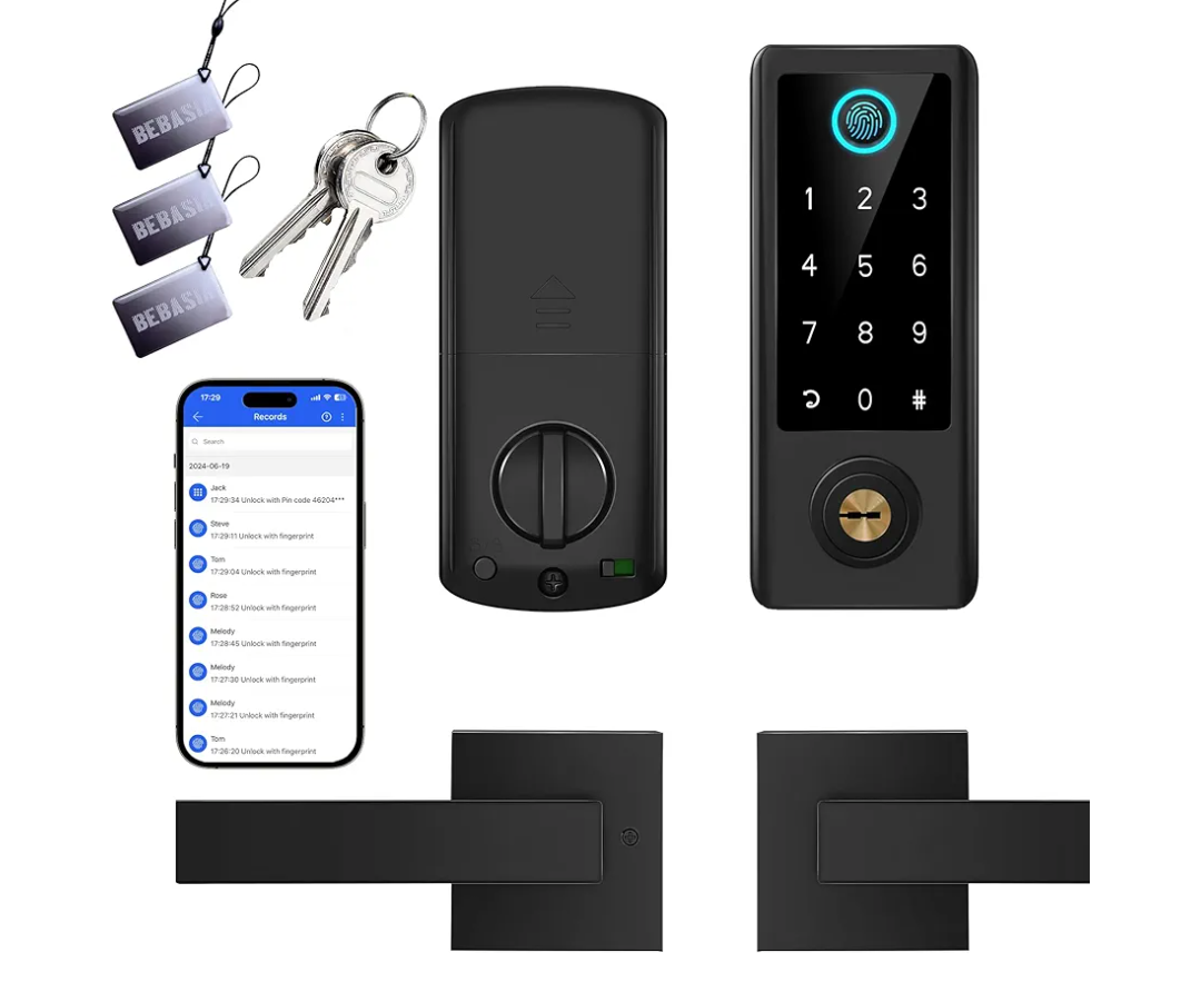 BEBASIA Smart Fingerprint Door Lock with Handle Set, Full App Control, Electronic Digital Touchscreen Keypad, Deadbolt Smart Locks for Front Door, Auto Lock, Black
