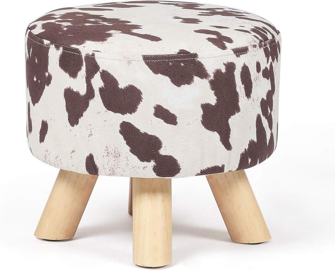 Asense Small Round Ottoman Foot Rest Stool Linen Padded Seat Footstool Ottoman with Anti-Slip Wooden Legs (Cow Brown,Linen), 11.2"D x 11.2"W x 10.4"H