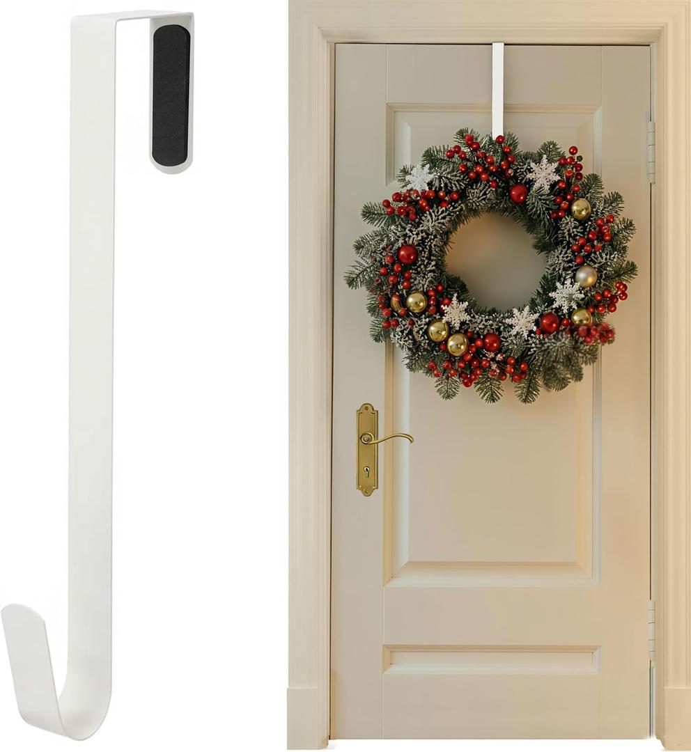 SR ESSENTIALS Wreath Hanger for Front Door, 12" Wreath Door Hanger for Hanging Coats, Bags - Perfect for Valentine, Welcome, Wedding, & Christmas Decorations Over Door Hanger (1Pc White)
