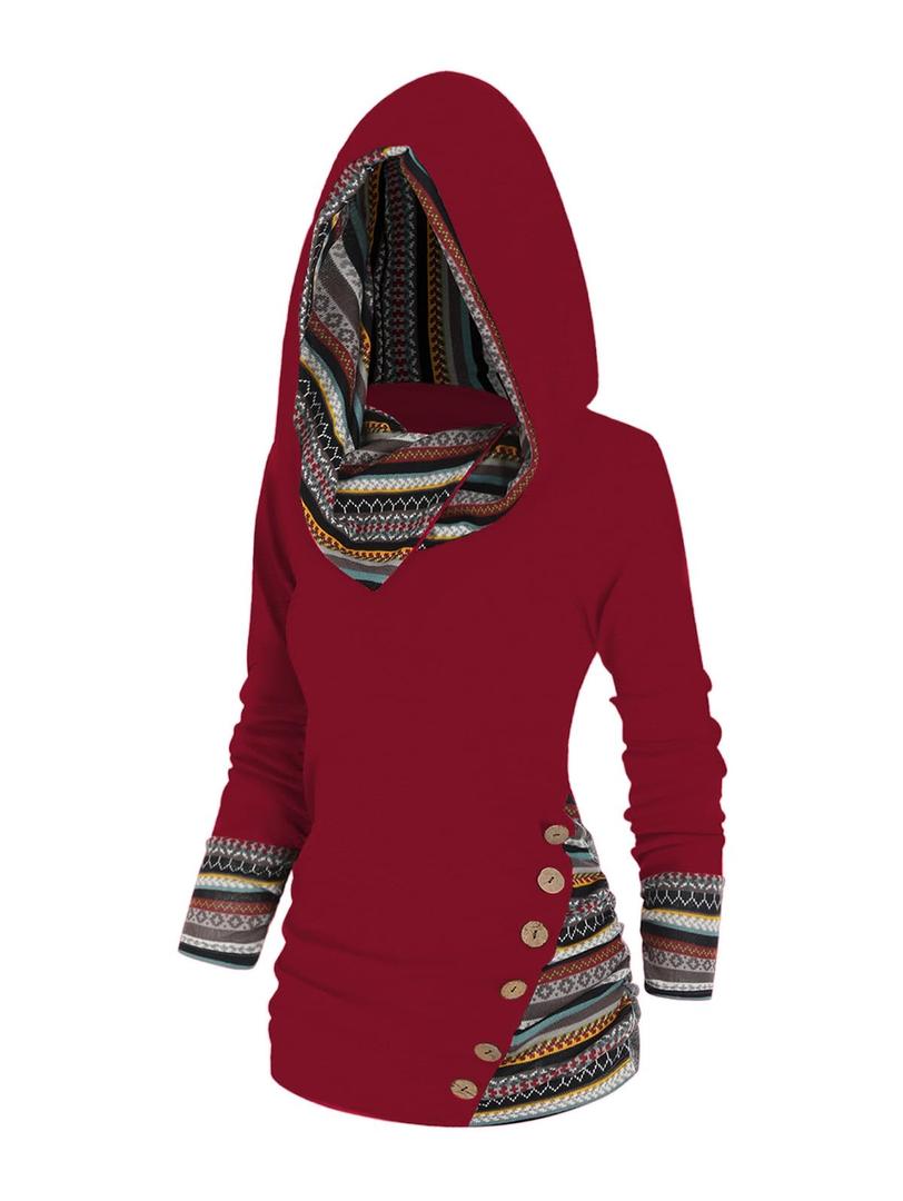 DRESSFO Women's Tribal Stripe Hooded Knit Top – Long Sleeve Pullover Sweatshirt with Mock Button Detail (Red/2X)