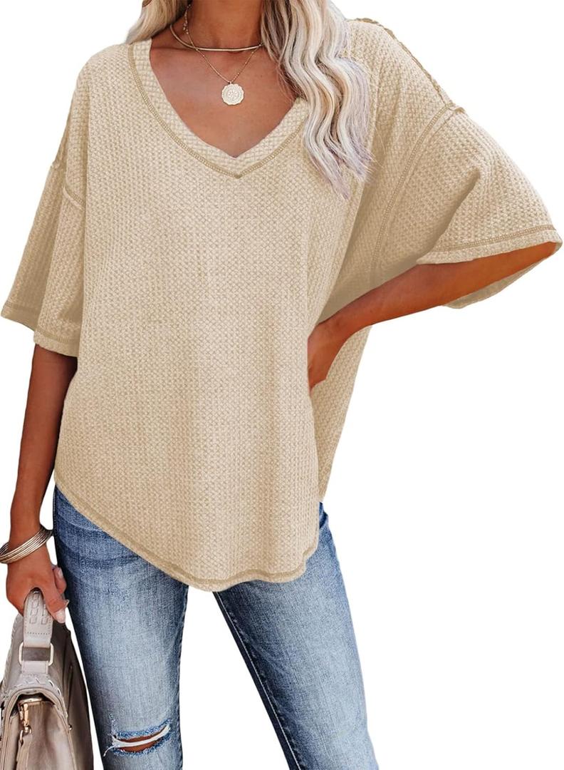 Dokotoo Women's Causual V Neck Short Sleeve Shirts Waffle Knit Loose Tunic Tops Blouses (Large)