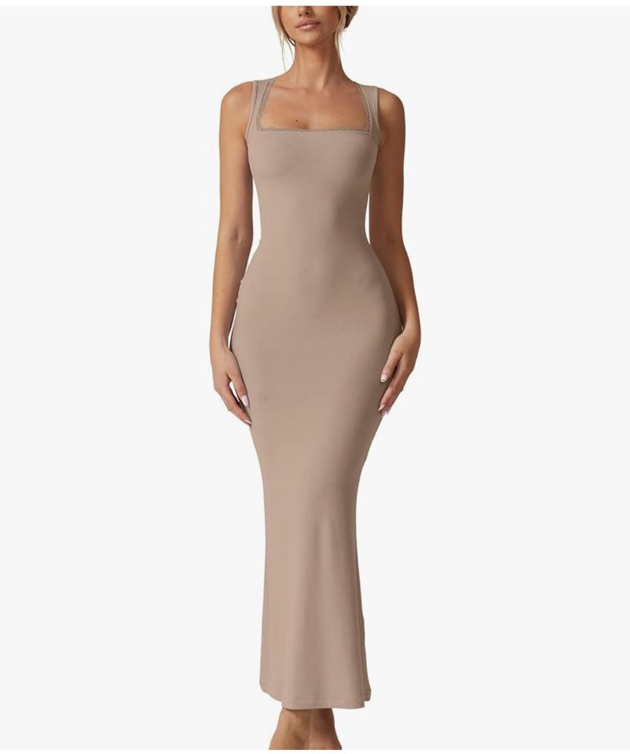 QINSEN Women's Square Neck with Lace Detail Long Maxi Dress Sleeveless Lounge Ribbed Full Length Dresses, M, Khaki