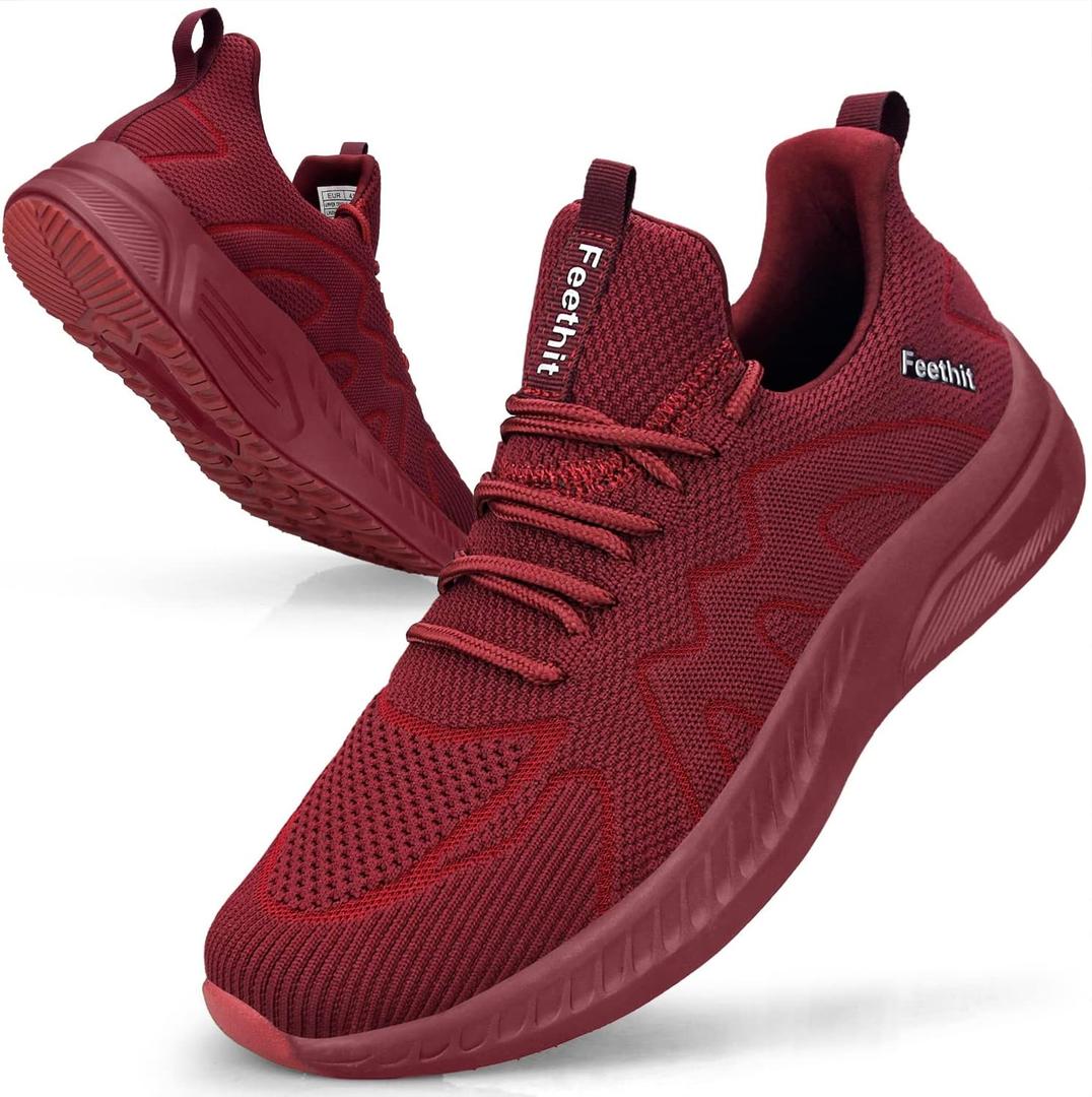 Feethit Mens Non Slip Walking Sneakers Lightweight Breathable Slip on Running Shoes Athletic Gym Tennis Shoes for Men (12, Burgundy)