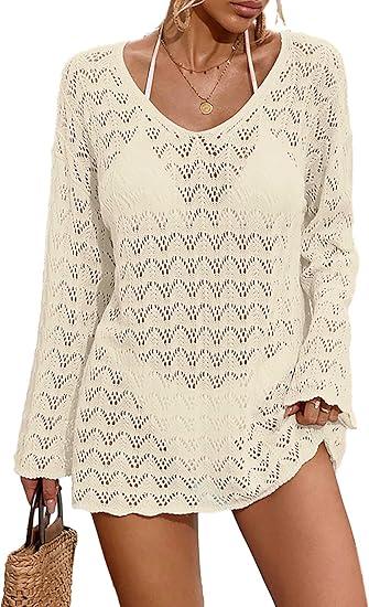 BreathSunny Womens Crochet Knit Beach Bikini V-Neck Cover Up Hollow Out Dress Summer 2026 Bathing Suit Coverups M