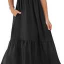 OFEEFAN Women's Casual Maxi Dresses with Pockets Ruffle Sleeve Smocked Dress 2XL, Black
