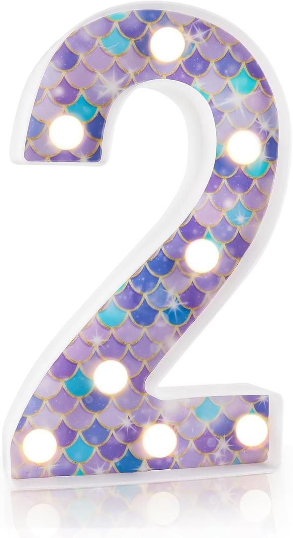 Mermaid Light-Up Number 2, LED Marquee Number for Birthday Party Decor, Mermaid Theme Glowing Number for Kids' Under the Sea Party, Baby Shower, Cumpleaos, Fiestas Decorations