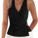 PRETTYGARDEN Womens Halter Top 2026 Spring Tie Wrap Sleeveless Ruched V Neck Fitted Summer Tops Backless Fashion Y2k Clothes (Black, M)