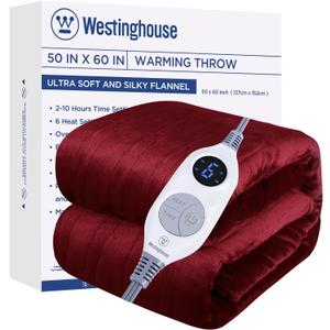 Westinghouse Electric Blanket Heated Throw, Super Cozy Soft Flannel 50"" x 60"" Heated Throw with 6 Fast Heating Levels & 2-10 Auto-Off, Machine Washable, ETL&FCC Certification, Home Office Use, Red