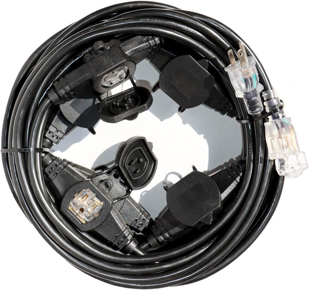 50FT 12 Gauge SJTW Power Extension Cord 3 Prong, 5-15R Male Plug to Female Connector, 6 Outlet, Multiple Evenly-Spaced Plug, Suitable for Stage Setting or Outdoor, UL Certified