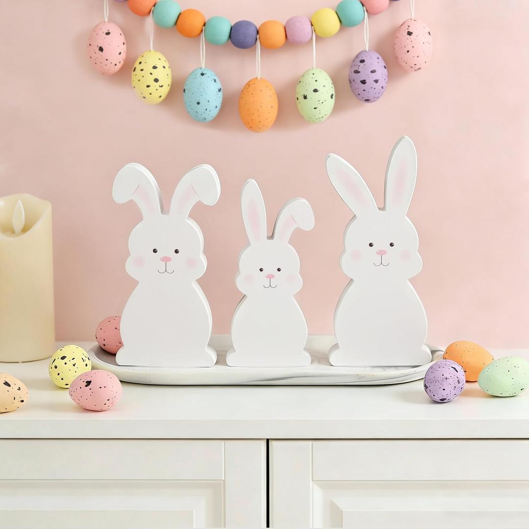 Easter Bunny Decor Table Signs - 3PCS White Rabbit Freestanding Tiered Tray Decor, Cute Easter Decorations for Home, Festive Seasonal Display