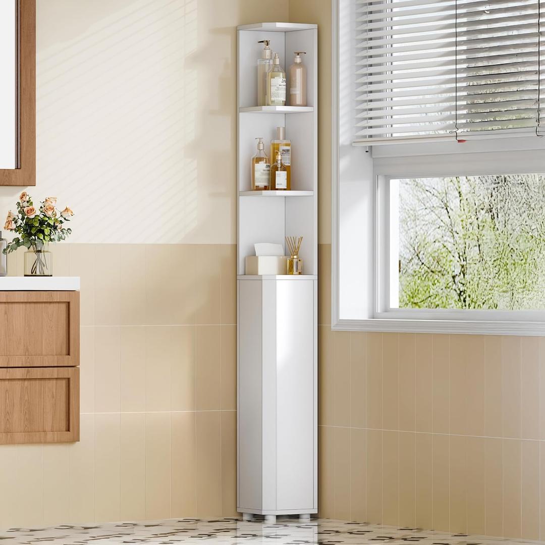 Hzuaneri Corner Cabinet, Tall Bathroom Corner Cabinet with Doors, Narrow Storage Cabinets with Adjustable Shelves, Bathroom Organizers and Storage for Small Space, White BC30003X, 7.9"D x 7.9"W x 66.9"H