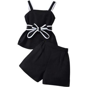 Verdusa Girl's 2 Piece Brunch Outfits Bow Knot Belted Contrast Trim Tank Tops with Shorts Comfy Sets (Black, 10Y)