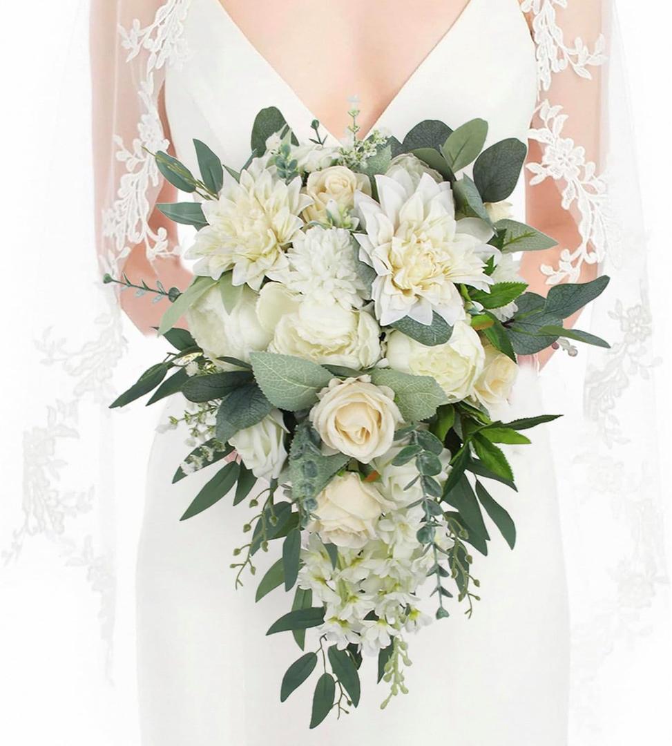 Rinlong White Green Cascade Bouquet Wedding Bouquets for Bride Cascading Wedding Bouquet Bridal Bouquet Artificial Flowers (One Size)