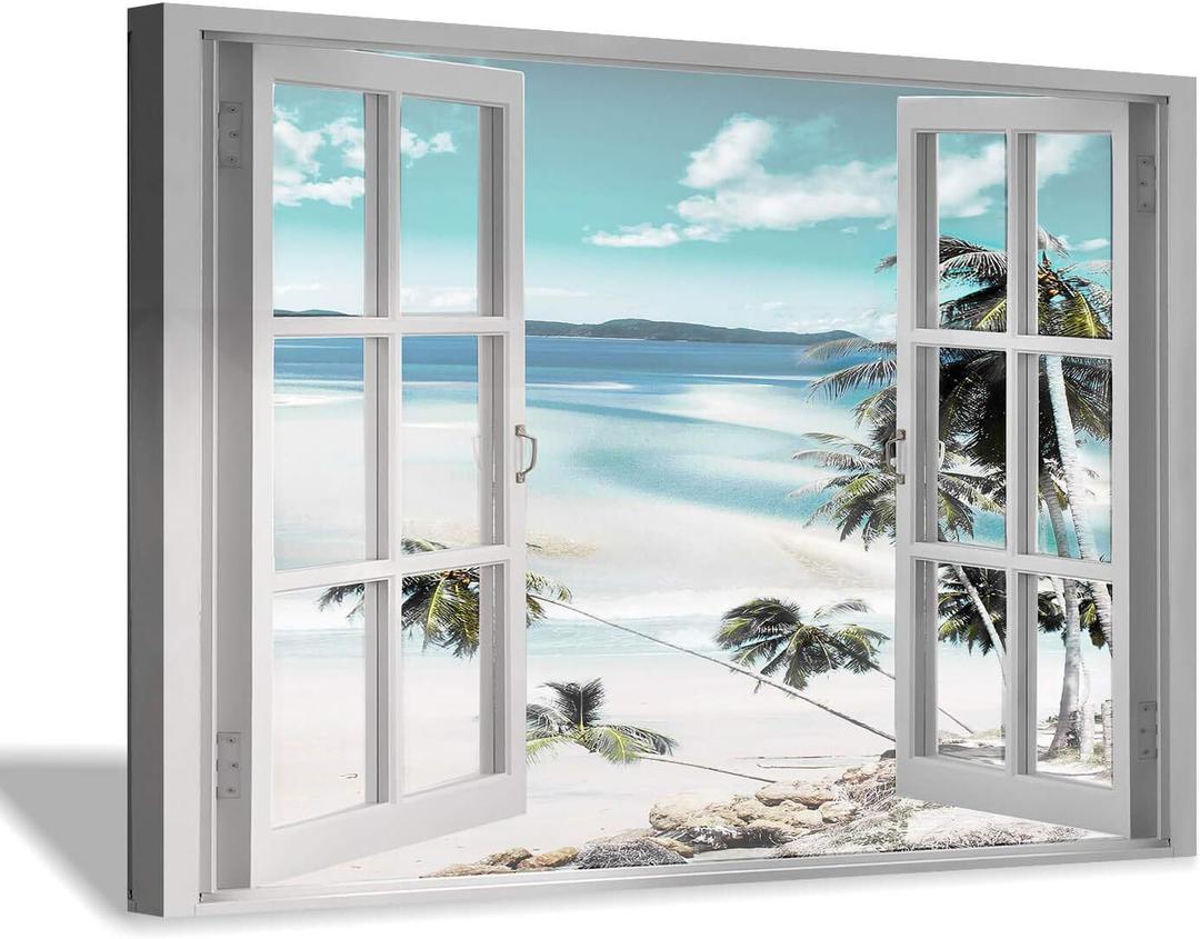 Canvas Windows Picture Wall Art: Beach with Light Blue Coastal Palm Graphic Artwork Print on Canvas Artwork for Living Room (45 x 30 x 1 Panel)