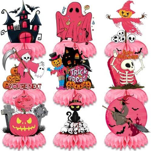 Halloween Table Centerpieces Set, Pink Honeycomb Halloween Party Decorations with Ghosts, Pumpkins, Witches & Haunted House, Double-Sided Cardstock Halloween Table Decor for Kids, Home & Classroom