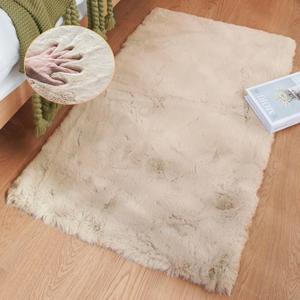 Beige Plush Faux Rabbit Shaggy Fur Rugs for Bedroom Small Shag Washable Fluffy Fur Rug for Living Room Fuax Sheepskin Rug 2x3 Nursery Rectange Rugs
