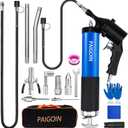Pneumatic Grease Gun Kit 6000 PSI Heavy Duty 14 OZ Pistol Grip Grease Guns with 19" & 28" Spring Flex Hose,Quick Release Coupler,90 Degree Adapter,2 Needle Tips,2 Nozzles,2 Extension Tubes (Blue+Black)