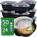 24 oz Round Food Containers - 50 Pack Commercial, BPA-Free, Freezer/Dishwasher Safe - For Salads, Grain Bowls & Side Dishes