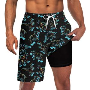 Goodstoworld Mens Swim Trunks with Compression Liner 9'' Inseam Quick Dry Swimsuit Shorts M-3XL (Hawaiian Dinosaurs)