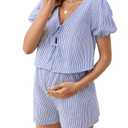 MakeMeChic Women's Maternity  Only 1Piece Pajamas Set Striped V Neck Tie Puff Sleeve Shirt and Shorts Pregnancy Lounge Set Blue Small