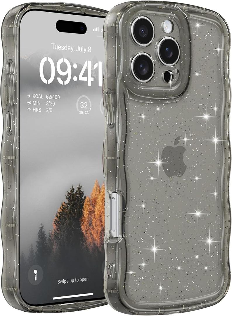 FABSPARK Phone Case for iPhone 13 Pro,Cute Clear Curly Wavy Frame Wave Case with Sparkly Bling Glitter,Non-Yellowing Transparent Acrylic Hard PC Cover for iPhone 13 Pro,Glitter Clear Black