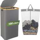 100L Foldable Laundry Basket with Lid, Dirty Clothes Hamper for Dormitories and Gyms | Laundry Hamper with Removable Bag, Gray