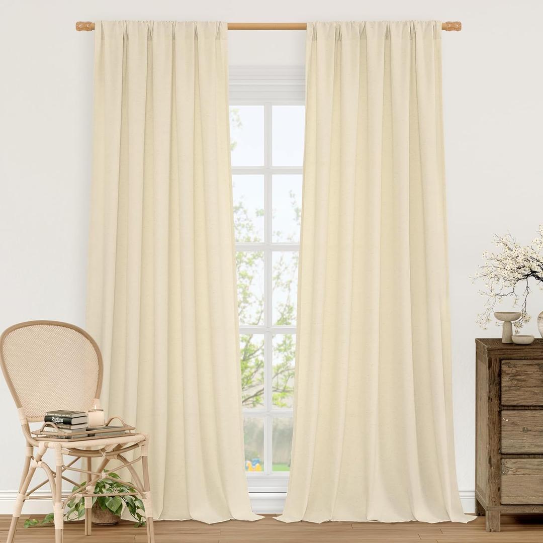 LAMIT Beige Linen Curtains 84 inches for Bedroom, Faux Linen Textured Light Filtering Drapes Rod Pocket Boho Burlap Semi Sheer Panels for Farmhouse/Living Room, 2 Panels, 52 x 84 Inch, Beige