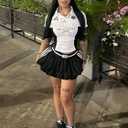 Women's Sport Skirt Set 2 Piece Lace Combo Top & Bubble Mini Skirt Set Sexy Short Sleeve Bodycon Y2k Party Club (Black)