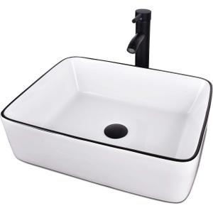 Ceramic Bathroom Sink, White 19" x 15" Above Counter Porcelain Vessel Sink with Black Faucet and Pop up drain Set, Rectangle