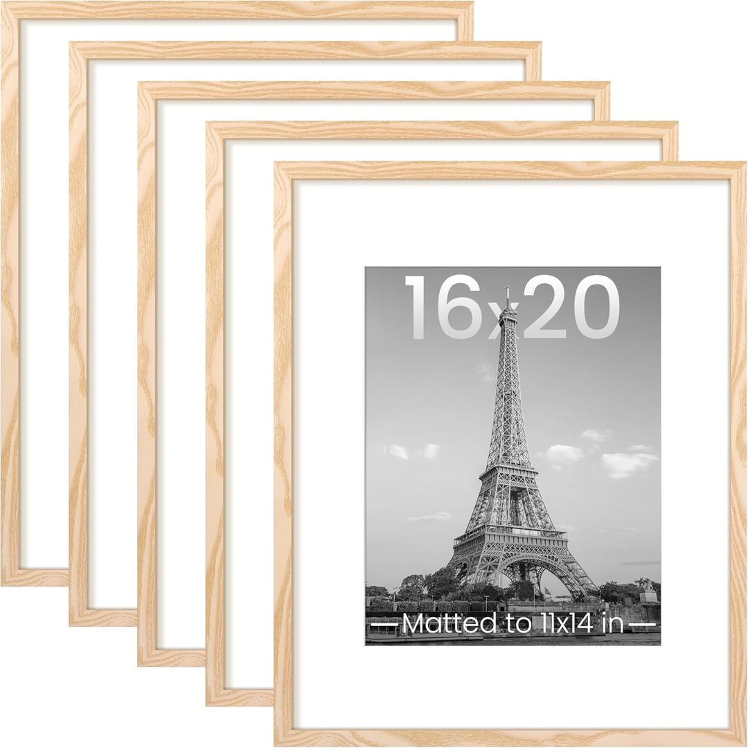 upsimples 16x20 Picture Frame Set of 5, Display Pictures 11x14 with Mat or 16 x 20 Without, Wall Gallery Poster Frames, Natural