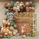 Amandir 137pcs Woodland Animals Baby Shower Decoration Baby Boxes Sage Green Brown Balloon Garland Arch Kit Woodland Themed Animal Foil Balloons for Neutral Forest Jungle Safari Party Supplies
