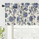 DriftAway Freda Jacobean Floral Linen Blend Blackout Thermal Insulated Energy Saving Privacy Window Linen Curtain Valance Rod Pocket 2 Layers Single 52 Inch by 18 Inch Plus 2 Inch Header Navy Beige