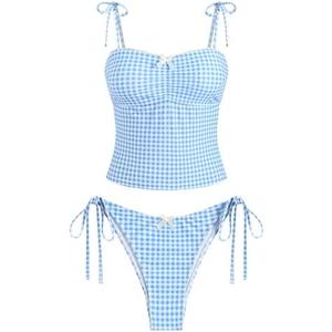 ZAFUL Tankini Swimsuits for Women Mesh Hollow-Out Tank Style Bow Knotted Decor Tie Side High Cut Tankini Set S
