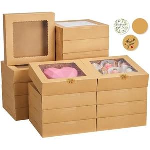 Kootek 24pcs Cookie Boxes with Window, 10 x 10 x 2.5 Inches Treat Pastry Bakery Boxes for Dessert, Chocolate Covered Strawberries, Cupcakes, Donuts, Baked Goods (Brown)