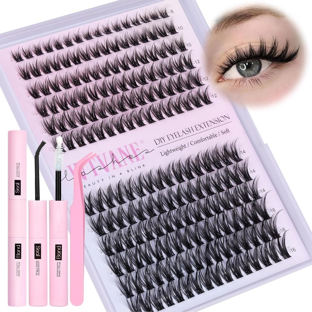 Fairy Lash Clusters Kit Wispy Eyelash Clusters DIY 8-16mm Manga Lash Clusters Eyelash Extension Kit 192pcs Individual Lashes Natural Lash Extension Kit with Lash Bond and Seal, Lash Tweezers by Wtvane