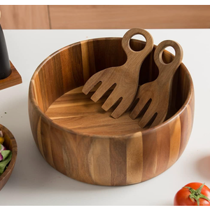 SullyHÔME 12" Acacia Wood Salad Bowl with Serving Spoons