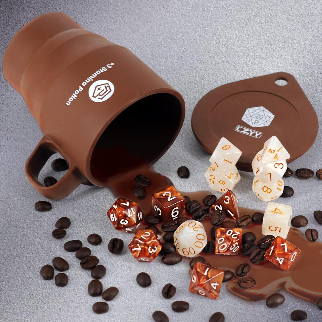 DND Coffee & Sugar Themed Dice Set (14 PCS) with +3 Stamina Potion Silicone Mug for Storage, 7 Acrylic Resin Polyhedral Gaming Dice for Dungeons and Dragons, Pathfinder and Tabletop RPG, Coffee & Sugar