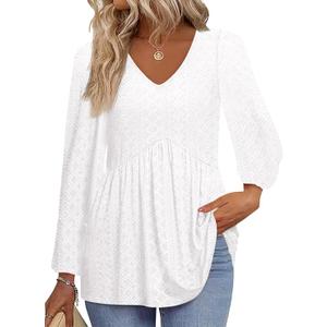 Tankaneo Womens Long Sleeve Shirts V Neck Loose Fit Tunic Tops Babydoll Peplum Top Flowy Dressy Casual Blouse Eyelet T-Shirt White, XL